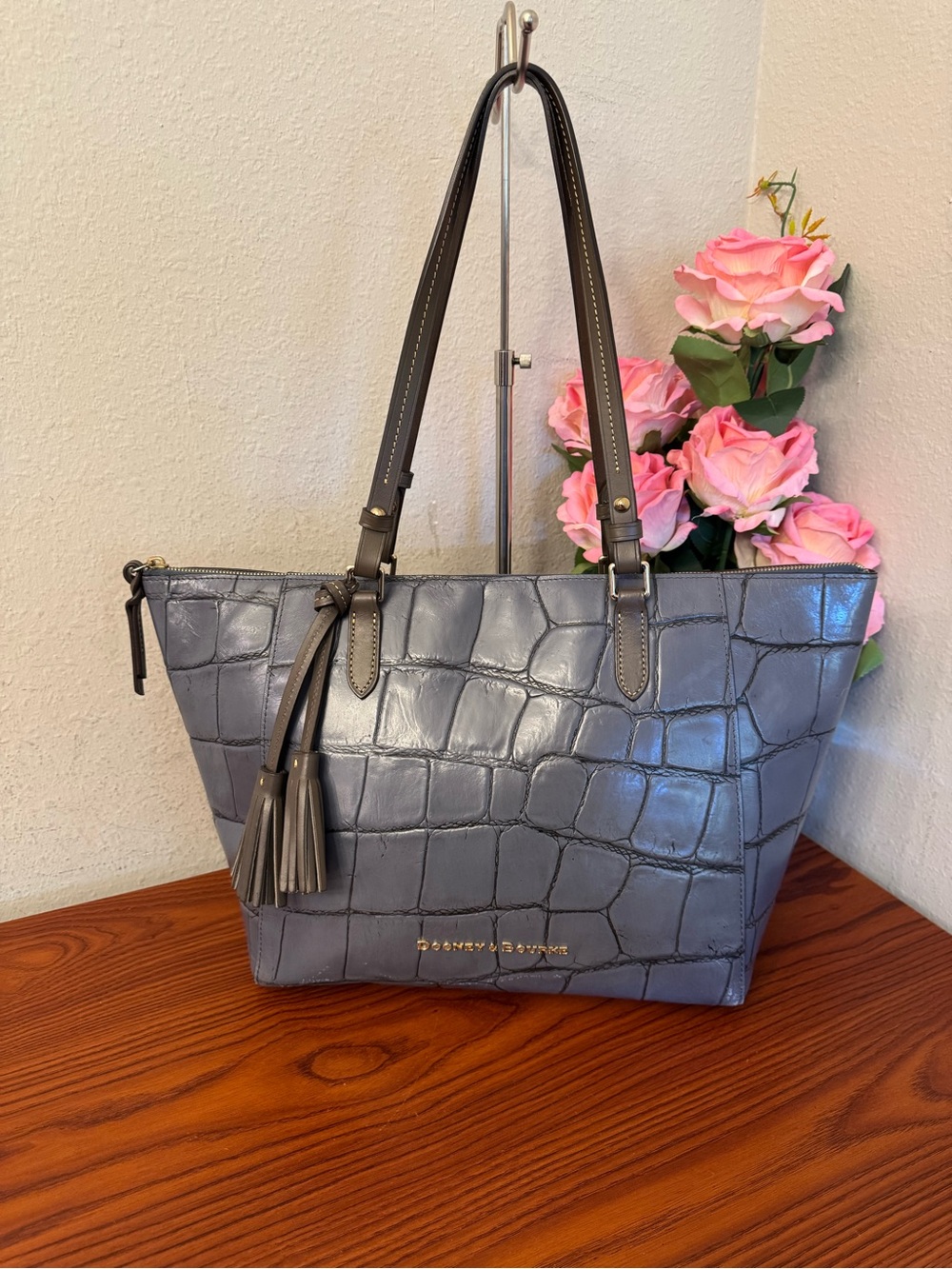 Dooney & Bourke Gray Croc-Embossed Leather Tote with Tassel